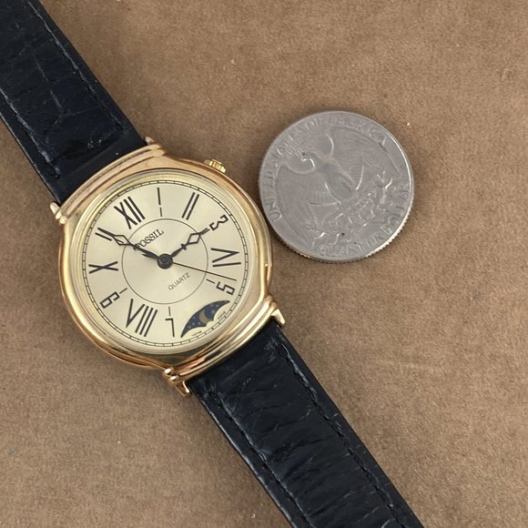 Vintage Rare Very Early Fossil MOON PHASE Gold and Stainless Steel Watch - Picture 9 of 10